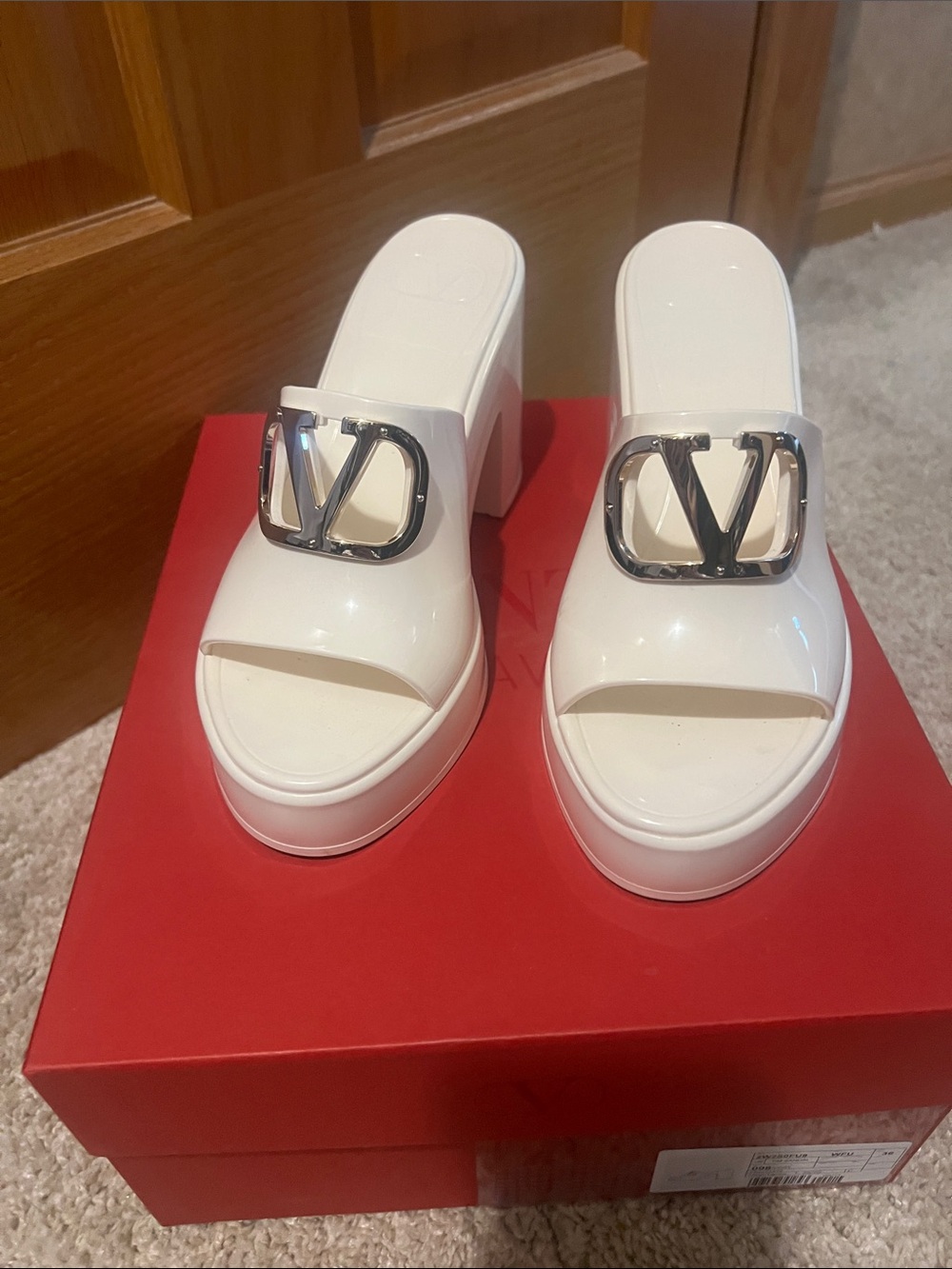 Valentino White Patent Platform VLogo Mules